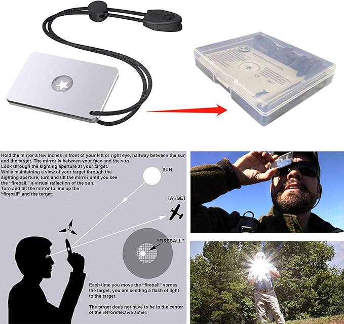 Signal Mirror Survival Tools, Military Grade Hiking Camping Mirror 2 x 3 inch with Small Compass and Whistle for Outdoor Adventure Emergency SOS Mirror