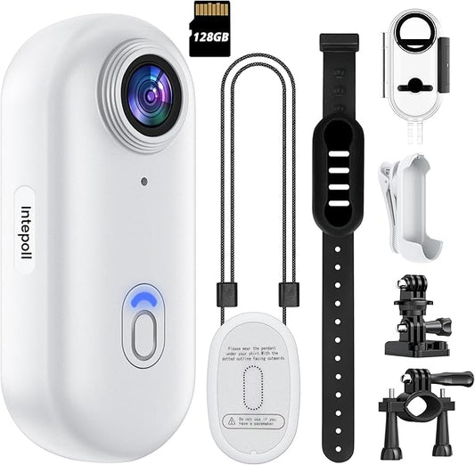 4K Mini WiFi Action POV Camera 128GB Thumb Portable Body Cam Wearable Video Recorder with IPX7 Waterproof Camcorder, Helmet Mount, Magnetic,Pocket Sport DV for Bike Cycling, Pet, Vlogging(White)