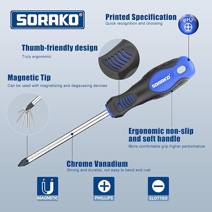 SORAKO 12 Piece Magnetic Screwdriver Set 5 Phillips and 5 Flat 1 Magnetising Tool 1 Storage Bag Professional Cushion Grip Hand Tools Set for Fastening and Loosening Seized