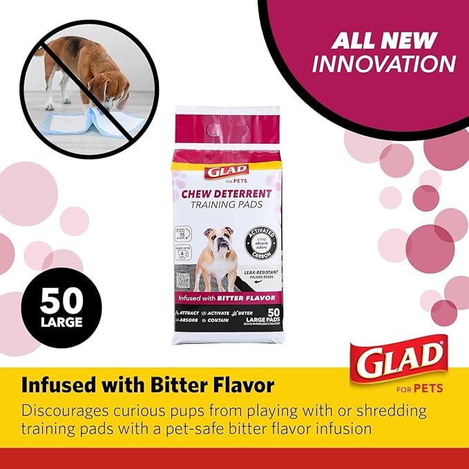 Glad for Pets Activated Carbon Puppy Training Pads with Chew Deterrent and Attractant, Odor Control, 23 x 23 Inch Disposable Dog Pee Pads, 6-Layer Leak-Resistant Potty Pads, 50 Count - 2 Pack