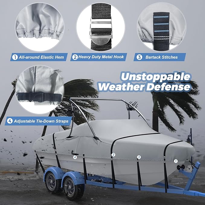 Ski & Wakeboard Tower Boat Cover, Full Metal Buckles Boat Cover, 100% Solution-Dyed Polyester Waterproof Tear and Fade Resistant, Fits 17-19ft V-Hull Runabout Tournament Boat with Ski/Wakeboard Tower