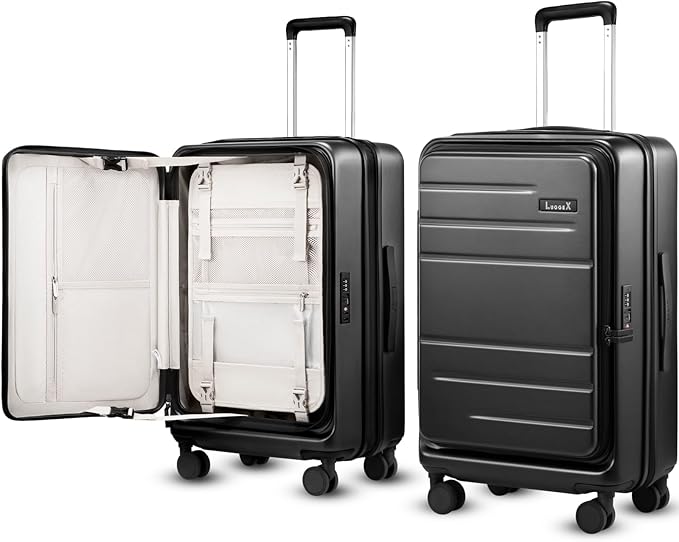 Checked Luggage with Spinner Wheels, FLO5 Expandable Polycarbonate Hard Shell Suitcase with TSA Approved Lock (FX-Core, Black, 24 Inch)