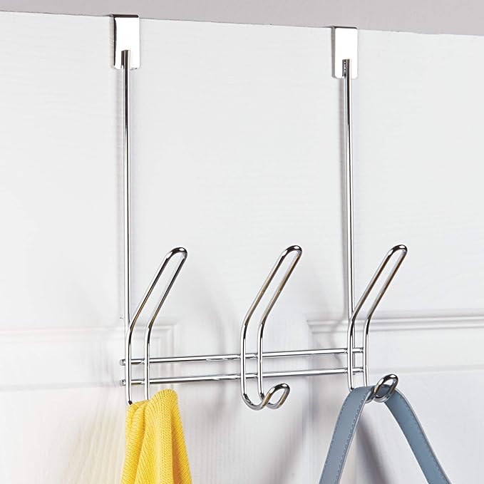 iDesign Classico Metal Over the Door Organizer, 3-Hook Rack for Coats, Hats, Robes, Towels, Jackets, Purses, Bedroom, Closet, and Bathroom, 5" x 8.2" x 12.5", Chrome