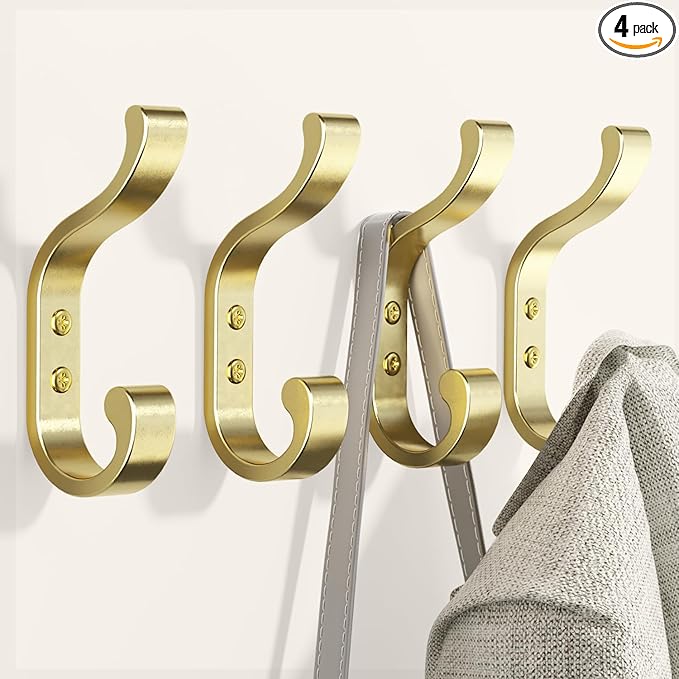 Large Wall Hooks for Hanging Coats: Heavy Duty Wall-Mount Hanger (Hold 30 LB), Mudroom Hooks for Clothes, Backpack, Purse, Bathroom Towel (Gold, 4 Pack)