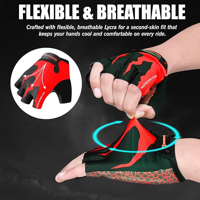 WESTWOOD FOX Cycling Gloves Half Finger Unisex Padded Grips Palm Bicycle Summer MTB Bike Gloves for Men Women Non-Slip Fingerless Short Mountain Bike Sports Hiking Climbing Gym