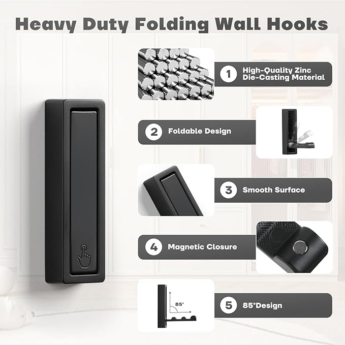 Folding Wall Hooks, 2pcs Foldable Coat Hooks, Heavy Duty Zinc Alloy No Rust Fold Up Hooks for Coat, Towel, Key, Hat, Bag, Jacket, Backpack (Matte Black)