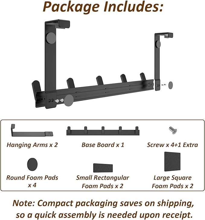 KitchLife Over The Door Hooks - Heavy Duty 5-Hook Organizer, 80lb Total Capacity for Robes, Coats & Towels, Fits 1 3/4" Doors, L18U, Gap-Free & Scratch-Free Design, Black,1-Pack