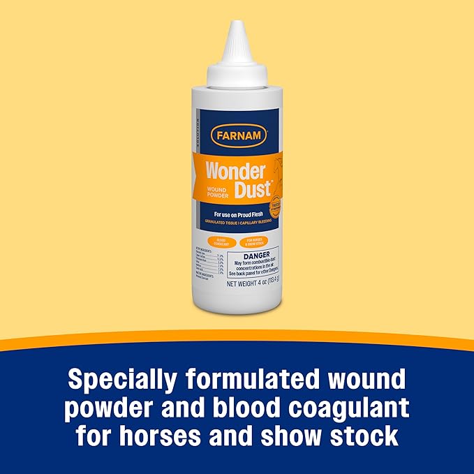 Farnam Wonder Dust Wound Powder, Blood Coagulant for Horses and Show Stock, For Use on Proud Flesh, Granulated Tissue, 4 Ounces