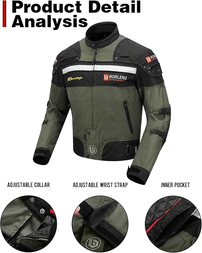 BORLENI Motorcycle Jacket Windproof Motorcycle Full Body Protective Gear CE Armor Suitable for All Seasons,Green,M