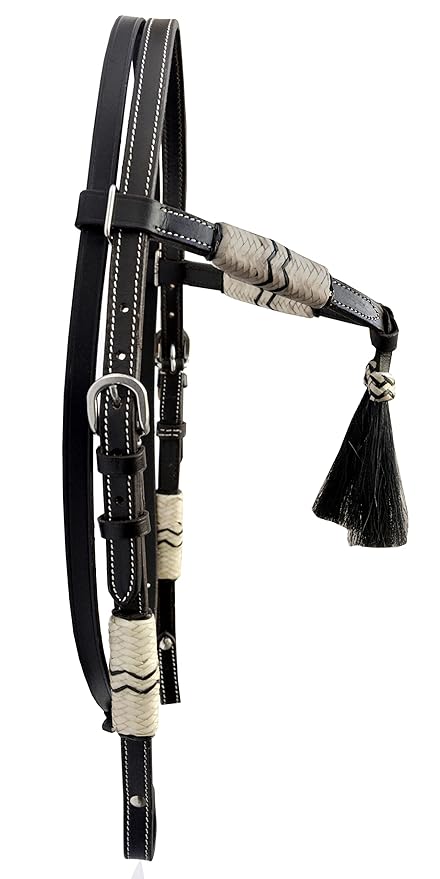 Western Horse Headstall Standard Size – Adjustable Hand Braided Genuine Leather Bridle with Brown Rawhide Knotting Futurity Knot Black Color Hair Tassels, Western Riding Tack, Dark Brown (Full Size)
