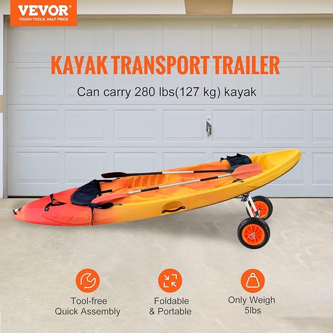 VEVOR Kayak Cart, 230/250lbs Canoe Cart Dolly with 7.5in/10in Solid Rubber Tires & Kickstand, Adjustable Width, Detachable Portable Watercraft Cart for Kayaks, Canoes, Paddle Boards