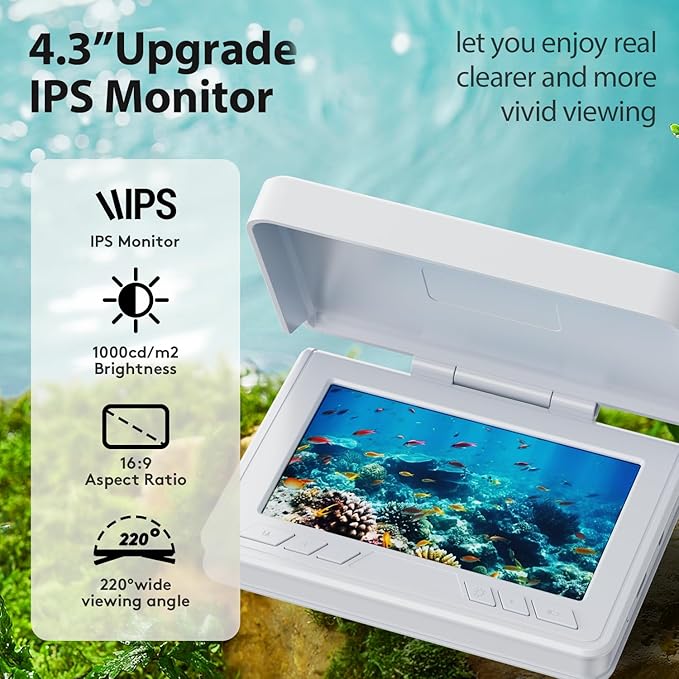 FourQ 水中釣りカメラ、220°超広角ビデオ魚群探知機、4.3インチHD LCDモニター、5000mAhバッテリー、65フィート防水ケーブル、IRナイトビジョン、氷上・湖・ボート・カヤック釣り用（65フィート）