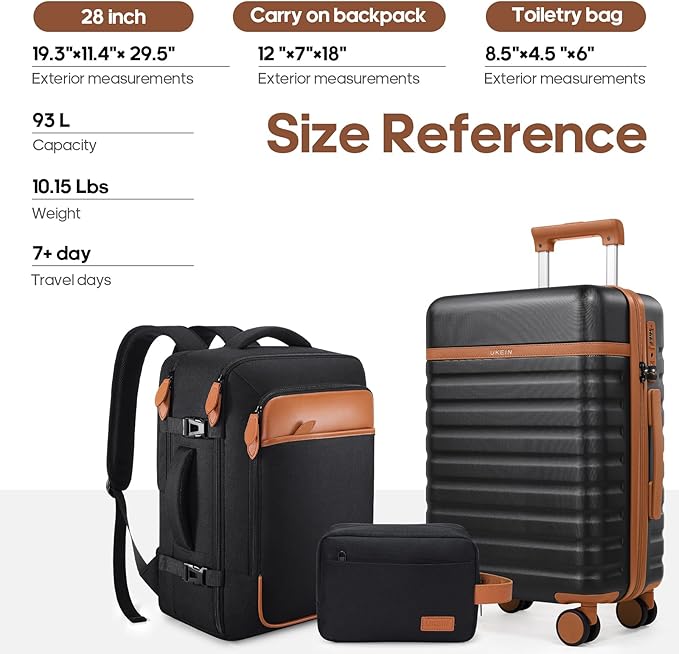 UKEIN Luggage Sets 3 Piece, PC Hardside Large Luggage 28 Inch With Spinner Wheels with TSA Lock, Checked Suitcase Set With Travel Backpack for Men (Black, 3 piece set (28inch))