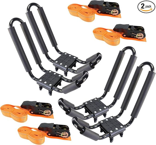 2 Pairs Heavy Duty Kayak Roof Rack J-Bar Carrier Holder - Includes 4 Pcs Ratchet for Canoe, SUV, Cars, Truck, Surf Ski, Tie-Mount on Car Roof Top Crossbar for Trip, Set of 4