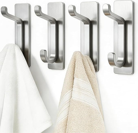 Self Adhesive Wall Hooks for Hanging: Extra Strong 13 LB, Hook for Coat, Towel in Bathrooms, Shower, Kitchen, Wall, Door Hook, Nickel Silver 4 Pack