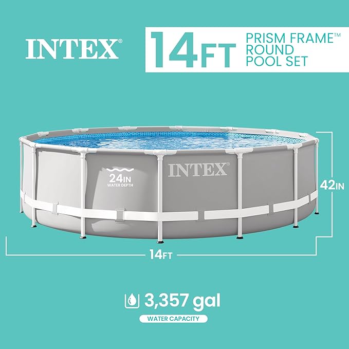 Intex 26719EH Prism Frame Premium Above Ground Swimming Pool Set: 14ft x 42in – Includes 1000 GPH Cartridge Filter Pump – SuperTough Puncture Resistant – Rust Resistant – 3357 Gallon Capacity