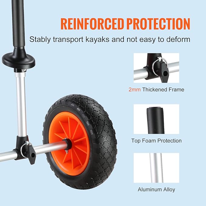 Happybuy Heavy Duty Kayak Cart, 280lbs Capacity, Detachable Canoe Trolley with 10'' Solid Tires, Adjustable Width & Foam Protection, for Kayaks with Drain Holes 2.54cm+