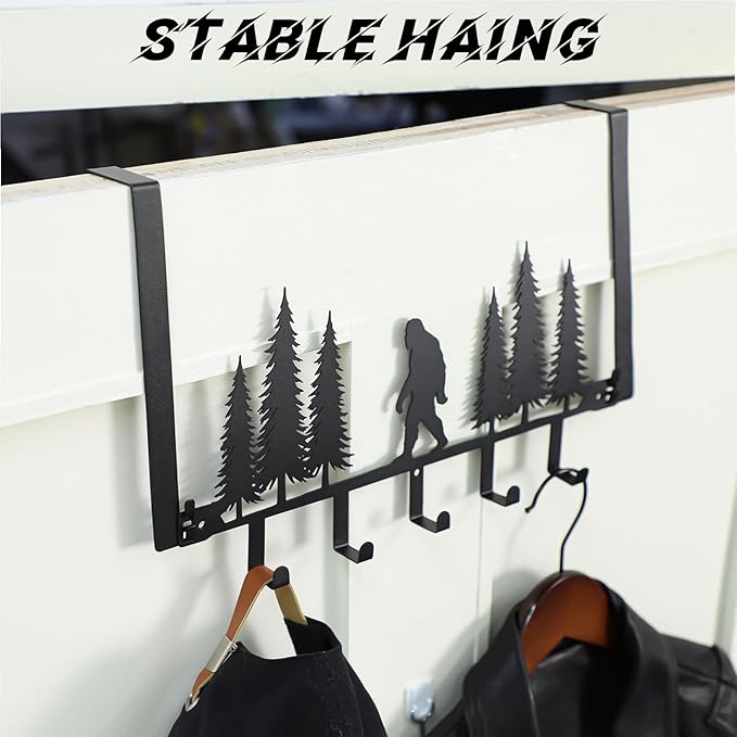Black Bigfoot Over The Door Hooks Hanger Wall Mount Towel Hanger Door Holder Organizer 5 Hooks Kawaii Farmhouse Rustic Coquettish Style Decor for Bedroom Bathroom Towel Hat Clothes