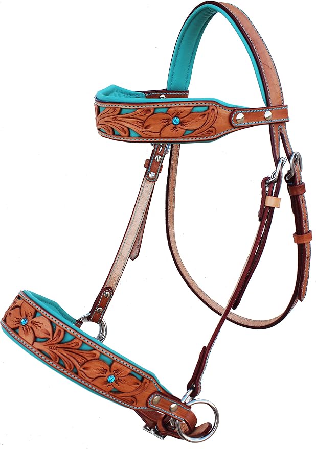 CHALLENGER Horse Western Tan Leather Floral Tooled Bitless Sidepull Bridle Reins 77RS34TN
