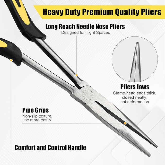 Premium Long Needle Nose Pliers-11’’, Paper Clamp Precision, Chromium-Vanadium Steel, Soft Grip with Wire Cutter, Long Nose Cutting Pliers for Home, Fishing, Jewelry, Crafts,1pcs