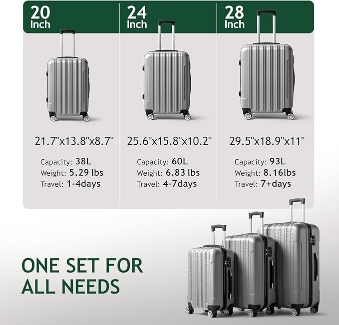 Karl home Luggage Sets 3 Piece, Hardside Carry on Suitcase Sets with Spinner Wheels & TSA lock, Portable Lightweight ABS Luggages for Travel, Business - Silver, 20/24/28in