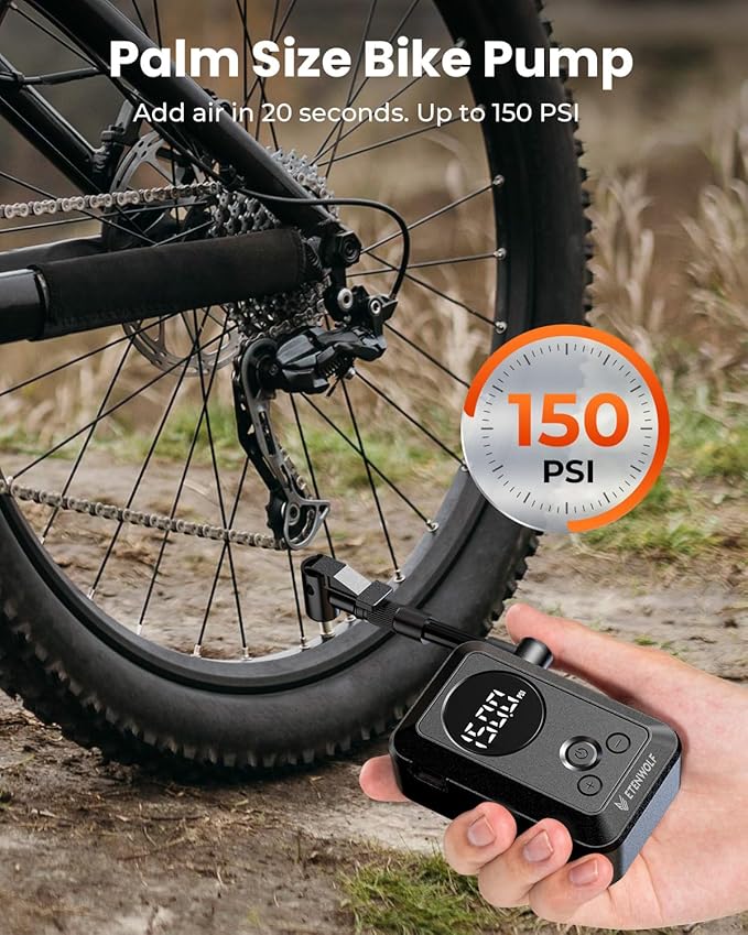 ETENWOLF Mini Bike Pump,20s Fast Inflate Bicycle Pump with Guage,150PSI Portable Electric Bike Air Pump with Presta and Schrader Valve for Mountain Bike,Road Bike,Motorcycle,Car,Sport Ball