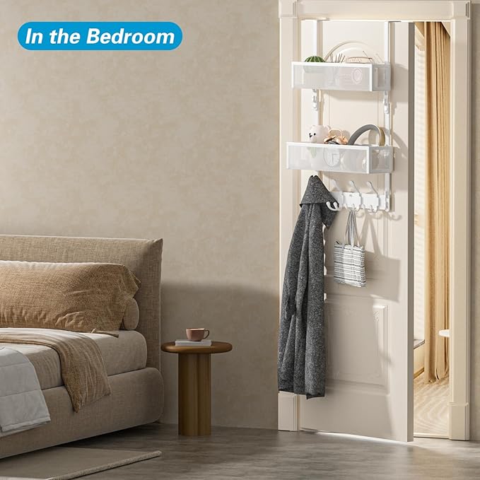 Over The Door Hooks Organizer, Door Hanger Towel Rack with 2 Baskets, Adjustable Over The Door Coat Rack, Back of Door Storage for Bedroom, Kitchen, Bathroom (White)