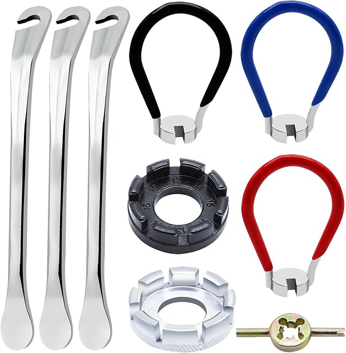 9Pcs Bike Spoke Wrench Tool Kit Bicycle Tire Levers Rim Truing Repair Tools Set Spoke Wrench with Rubber Handle, Bike Repair Tool Kit Bike Wheel Rim Correct Spoke Adjustment Repair Kit for Bicycles