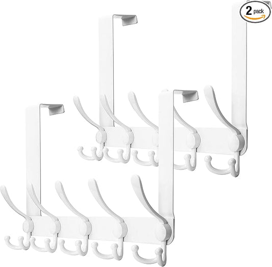 SKOLOO Over The Door Hook - for Doors up to 1-3/4'' Thickness, Pack of 2, Metal Door Hanger with 5 Triple Hooks, Over The Door Hanger for Coats, Hats,Towels, White, Assembly Required