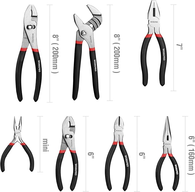 WORKPRO 7点プライヤーセット (グルーブジョイント、ロングノーズ、スリップジョイント、ラインズマン、斜めニッパー) DIY&家庭用 ブラック