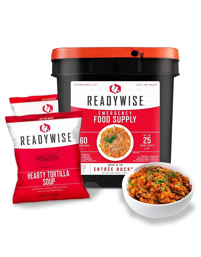 ReadyWise エントレバケツ - 60食分、サバイバルキット用非常食、タンパク質食、フリーズドライ食品、調理不要のキャンプ&ロードトリップ必需品、最大25年間保存可能