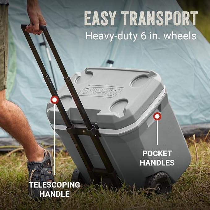 Coleman Classic Series Insulated Portable Rolling Cooler with Wheels, Leak-Resistant Outdoor Hard Cooler Keeps Ice up to 5 Days, 65-Quart