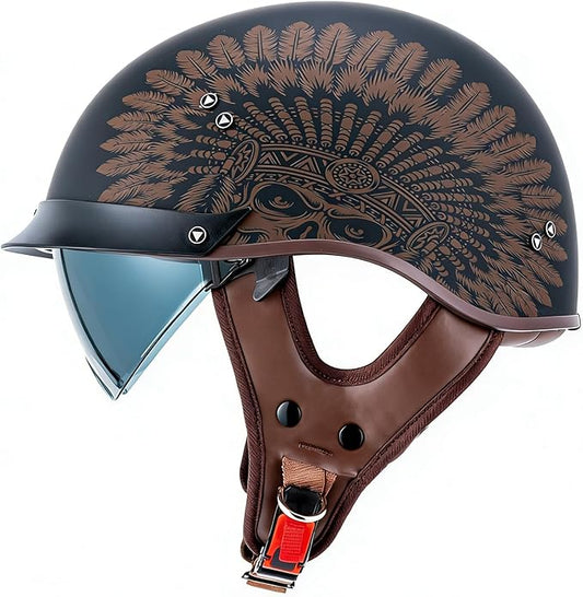 VCOROS Half Helmet Motorcycle DOT Approved Open Face Helmet with Sun Visor and Quick Release Buckle for Adults Men and Women (F07-Indian, S)