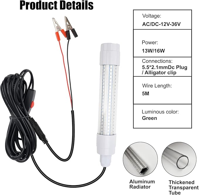 Linkstyle 126 LED Underwater Submersible Fishing Light with 5M Cord, 13W DC 12V 1000ML LED Fish Finder Light Attractants Lamp + Battery Clamps for Ice Fishing Boat, IP68