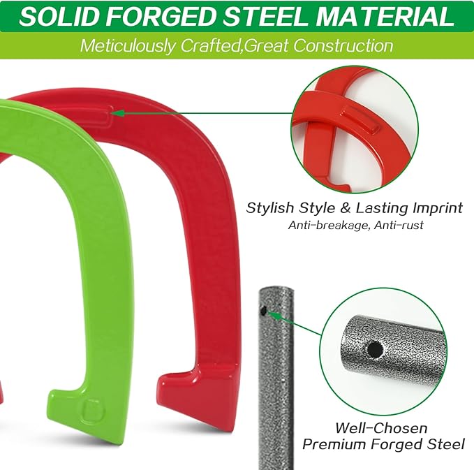 Horseshoes Outside Game - Steel Horseshoe Set - Yard Game Kit with 4 Heavy Duty Horseshoes, 2 Solid 24" Stakes & Carrying Bag - Classic Lawn Games for Adults, Backyard, Camping