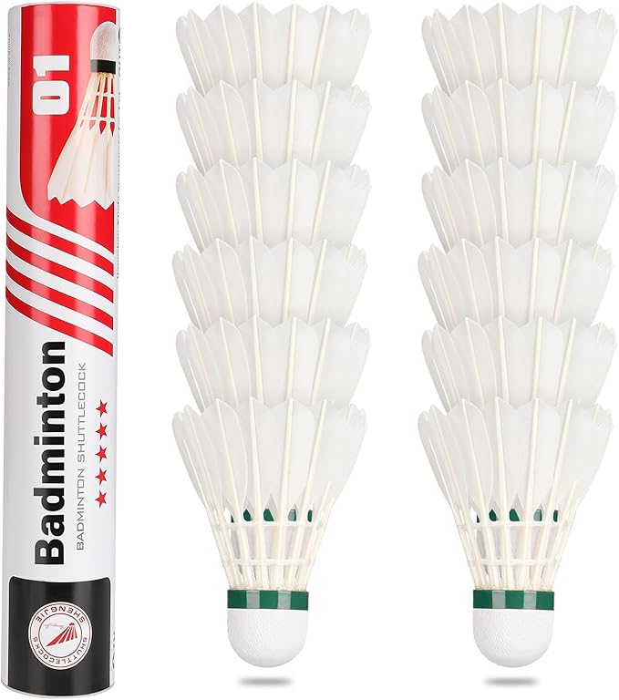 Goose Feather Badminton Shuttlecocks Birdies, 12 Pack Hight Speed Training Badminton Balls with Great Stability for Indoor Outdoor Sports