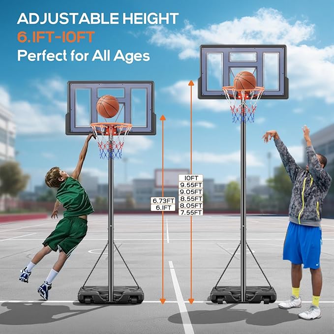 Portable Basketball Hoop Outdoor, Adjustable Basketball Hoops Goal System Shatterproof Backboard, Shock Absorbent Rim, Fillable Base for Swimming Pool/Backyard/Driveway