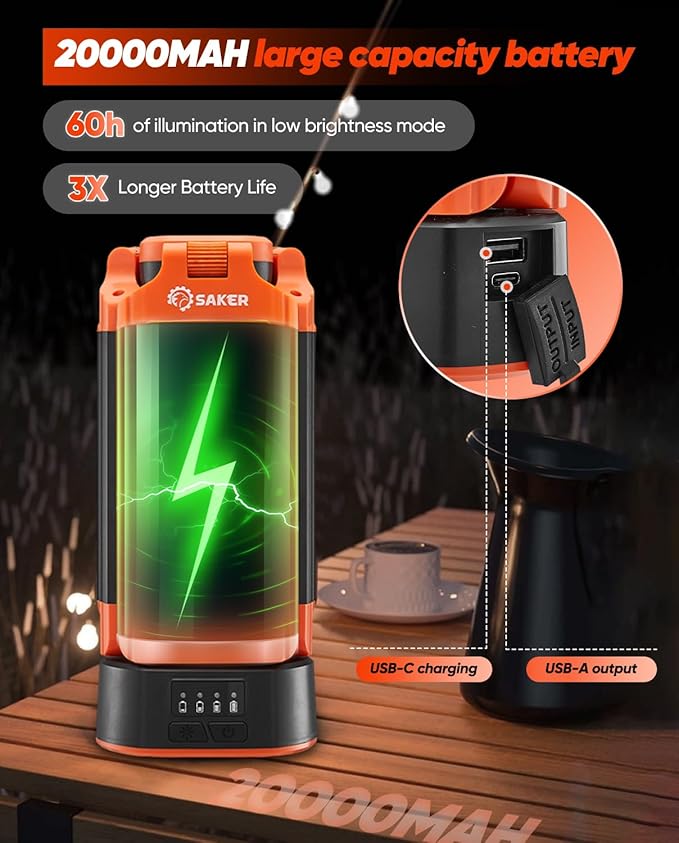 Saker ポータブルキャンプライト スタンド付き 73インチ 20000mAh 充電式LEDワークライト 3200ルーメン 4000/6500K 非常用ライト キャンプ、ガレージ、屋外作業、停電、釣り用 LD18