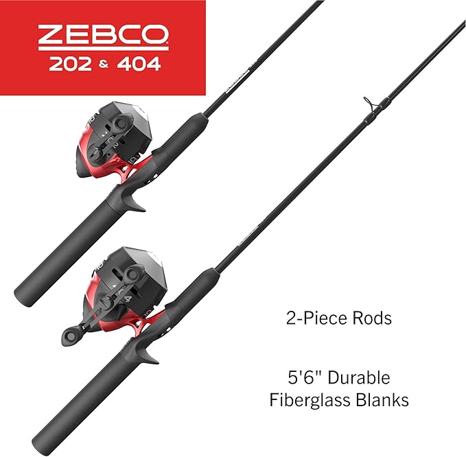 Zebco 202 & 404 スピンキャストリールと釣り竿コンボ（2個パック）、5フィート6インチ 2ピース釣り竿、サイズ30と40リール、右巻き、10ポンドと15ポンドのケイジャンラインがプリスプール済み、ブラック/レッド