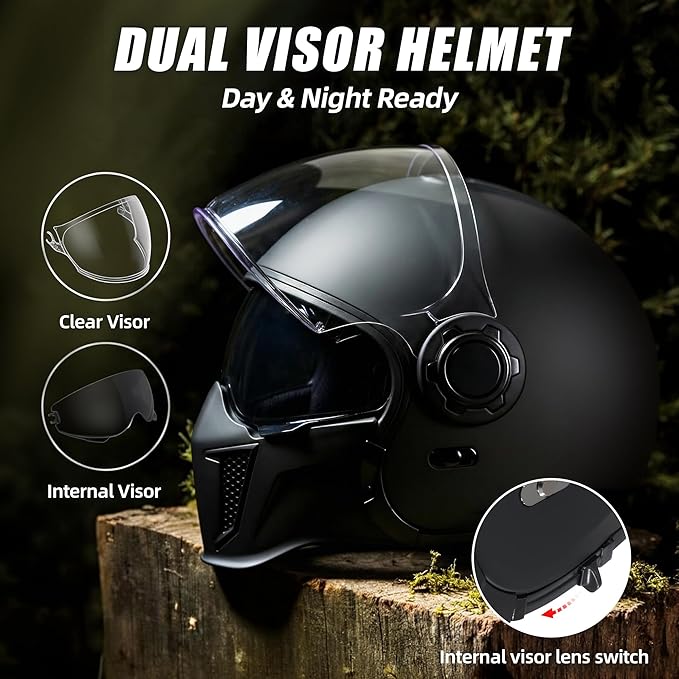 TRIANGLE Convertible Full Face Motorcycle Helmet DOT Approved for Men Women, Multi-Configuration 3/4 Open Face Street Bike Helmet with Internal Tinted Sunshield, Includes Storage Bag