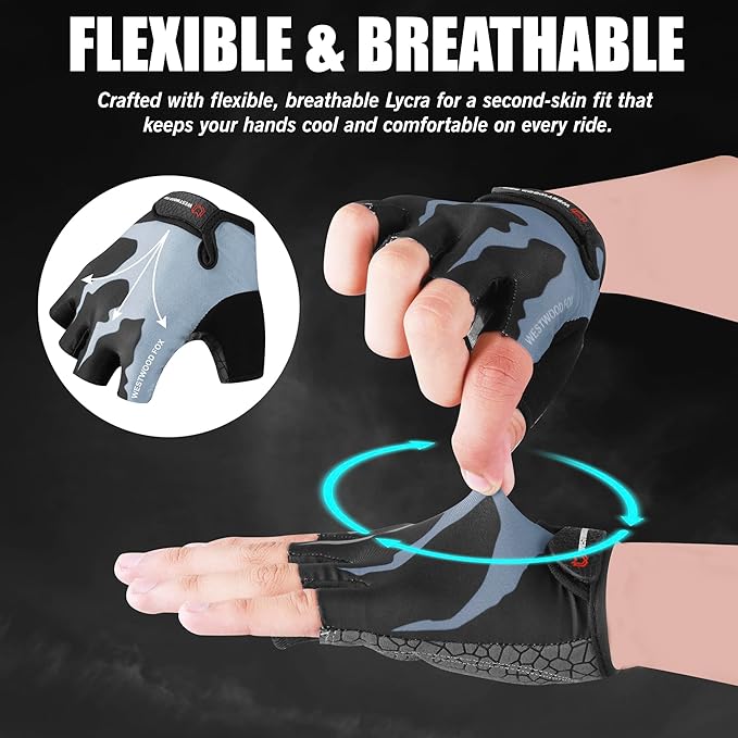 WESTWOOD FOX Cycling Gloves Half Finger Unisex Padded Grips Palm Bicycle Summer MTB Bike Gloves for Men Women Non-Slip Fingerless Short Mountain Bike Sports Hiking Climbing Gym