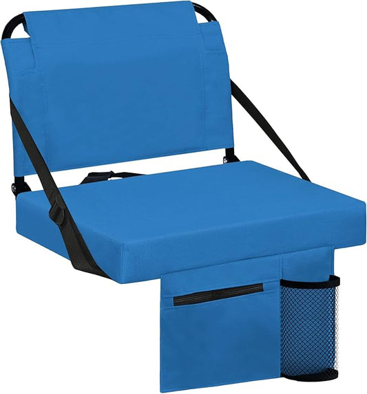 Stadium Seats for Bleachers with Back Support Bleacher Seat Soft Cushion Light Weight Includes Shoulder Strap & Cup Holder, Front & Back Zipper Pocket, Suitable for Sports Events,Blue