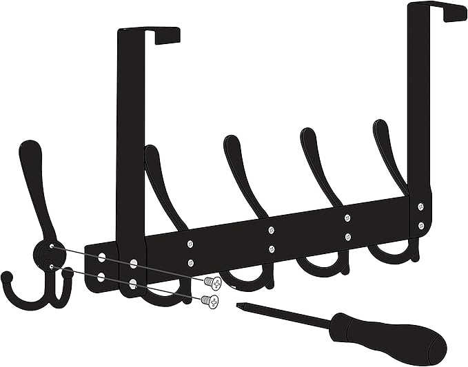 SKOLOO Over The Door Hook - for Doors up to 1-3/4'' Thickness, Pack of 2, Metal Door Hanger with 5 Triple Hooks, Bronze Over The Door Hanger for Coats, Hats,Towels, Assembly Required