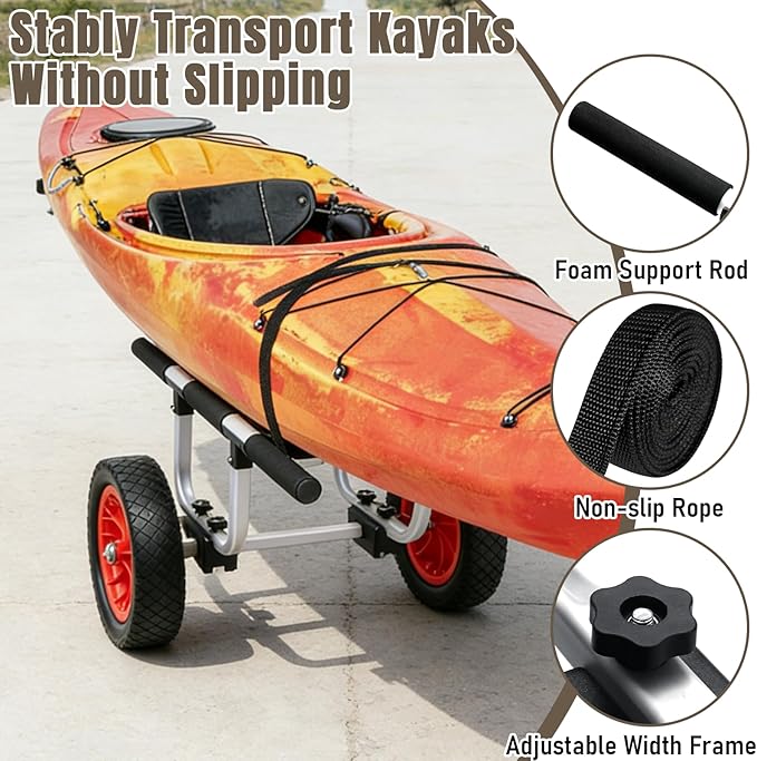 Heavy Duty Aluminum Kayak Cart, Adjustable Width Dolly with 470lb Weight Capacity and 12'' Solid Tires，Detachable Canoe Trolley Cart for Kayaks Canoes Paddleboards Float Mats Jon Boats