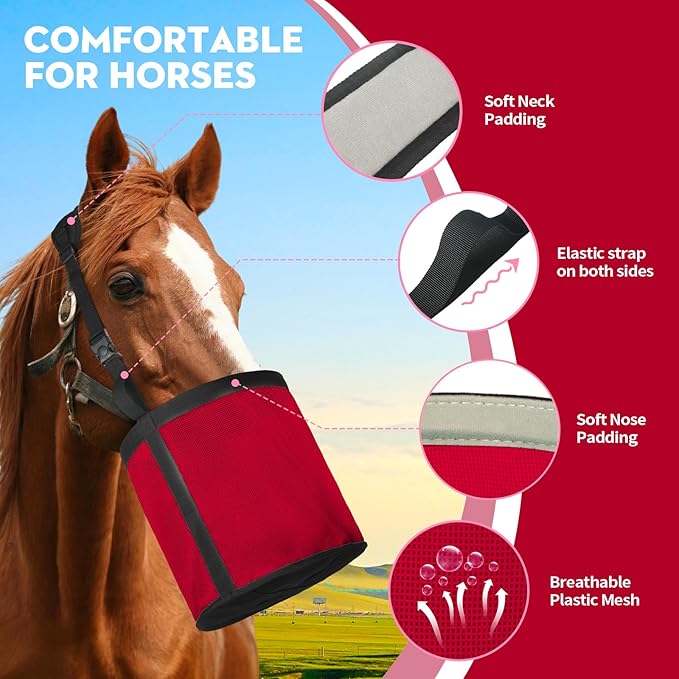 Horse Feed Bag for Grain, Breathable Mesh Feed Bags for Horses, Muzzle Feedbag for Feeding Grain, Anti-Spill Design Feeder, Soft Neck Pad Nose Pad, Universal Fit (Red Pack of 1)