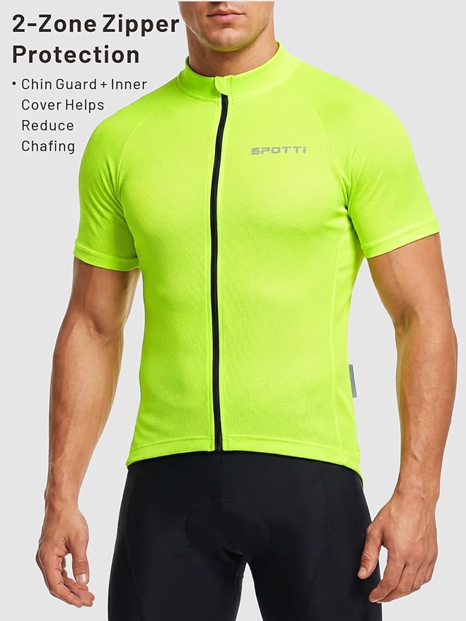 Spotti Men's Cycling Bike Jersey Short Sleeve with 3 Rear Pockets- Moisture Wicking, Breathable, Quick Dry Biking Shirt