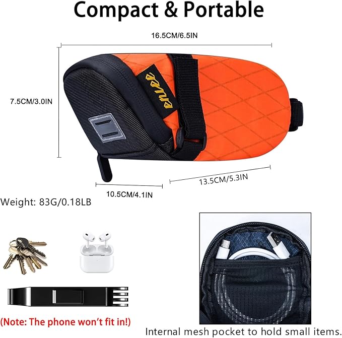 ENLEE Bike Seat Bag, Reflective Bike Saddle Bag with Taillight Hangers, Waterproof Orange Bicycle Bag Under Seat with Independent Item Partitions for Mountain/Road/Gravel Bikes, Small Size