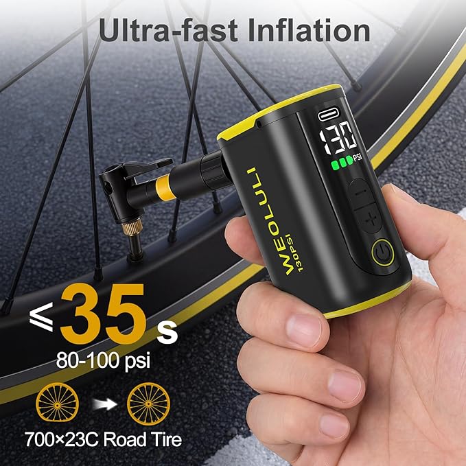 Bike Pump Electric, Mini Bicycle Pump 130 PSI Portable Cycling Pump with Digital Pressure Gauge & Auto Shut Off for Presta & Schrader Valves, Road MTB E-Bike