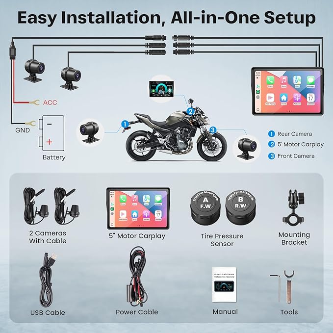WonVon Motorcycle CarPlay Screen with Android Auto – 5” Waterproof GPS, Pantalla para Moto, Apple CarPlay, Navigation System for Motorcycle, Dual 2K Dash Cam Bluetooth Audio & TPMS (No SD Card)