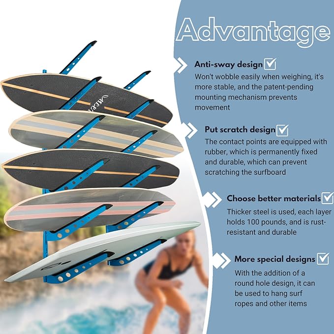ShouRong Snowboard Wall Mount, Adjustable 5/6 Board Surfboard Rack, Surfboard Wall Hangers for Surfboard, Wakeboard, and Snowboard Storage at Home or Garage